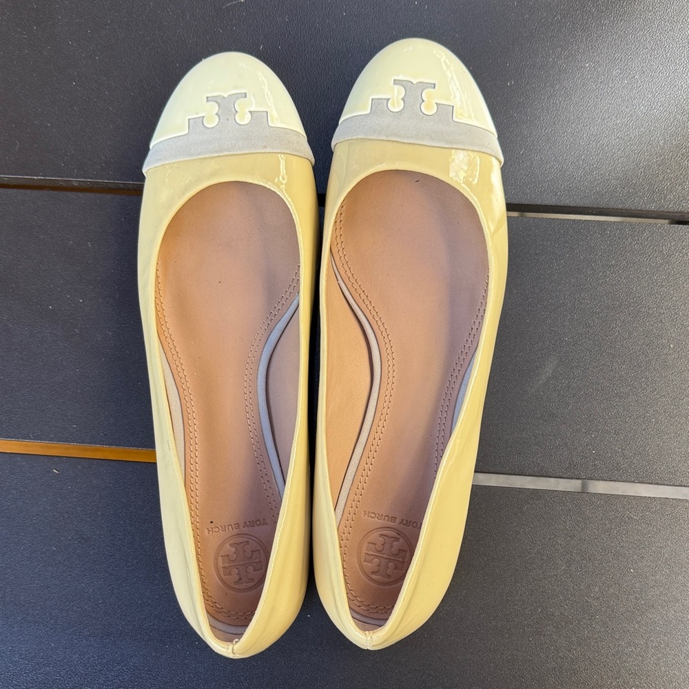 Tory Burch Pale Yellow Patent Flats